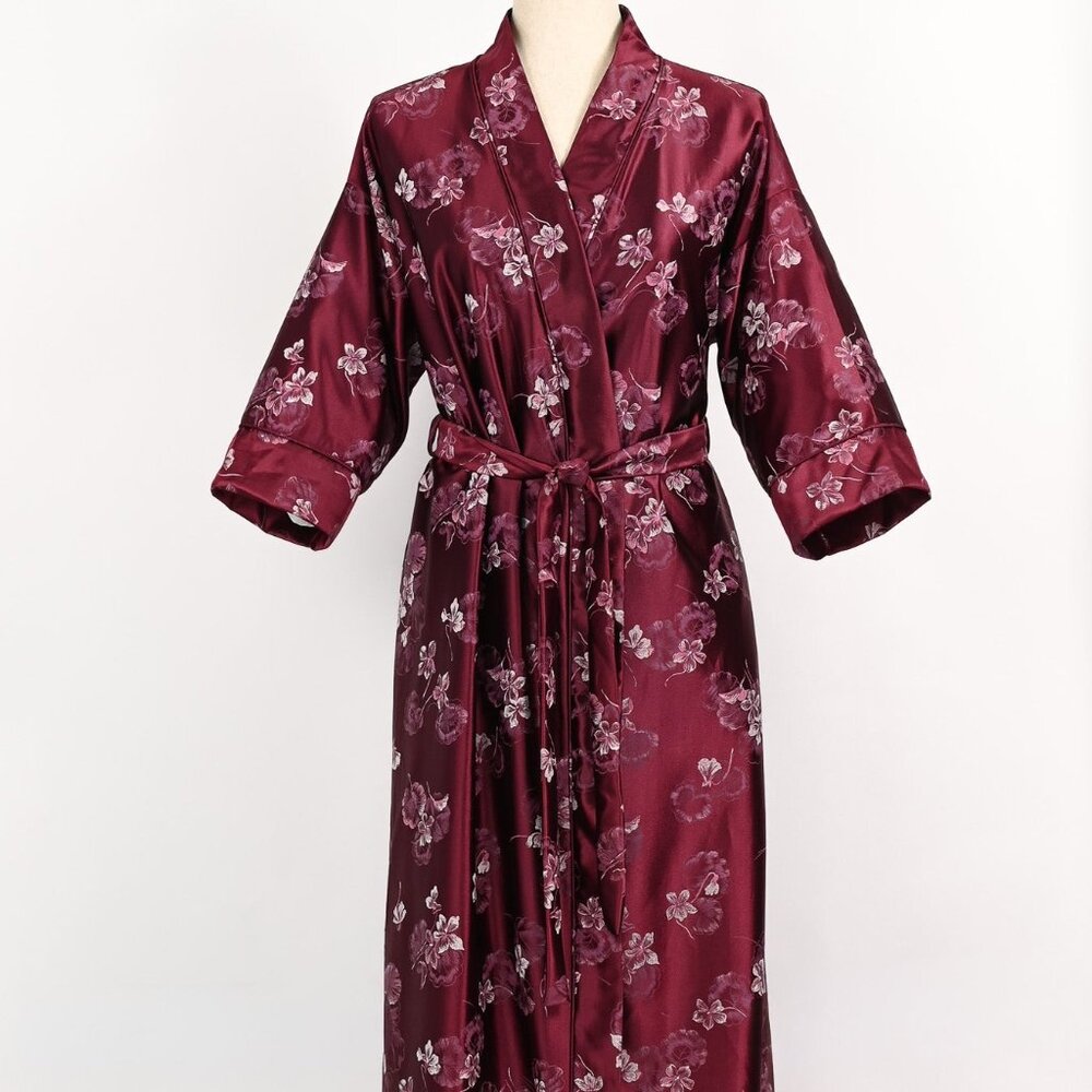 Vintage 80s Burgundy Floral SAMYE Robe w/ Matching Tie - Small